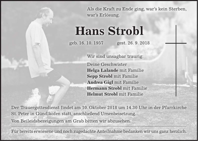 Traueranzeige Hans Strobl