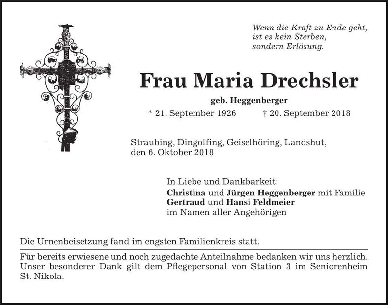 Traueranzeige Maria Drechsler