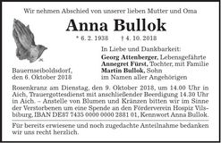 Traueranzeige Anna Bullok