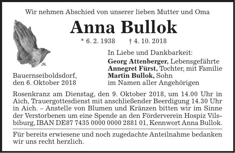 Traueranzeige Anna Bullok