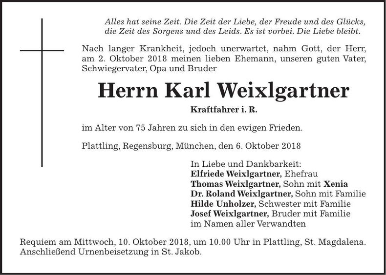 Traueranzeige Karl Weixlgartner