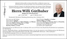 Traueranzeige Willi Gütlhuber