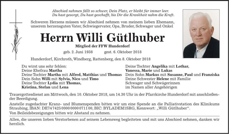 Traueranzeige Willi Gütlhuber