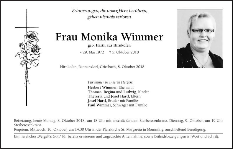Traueranzeige Monika Wimmer