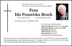 Traueranzeige Ida Franziska Braek
