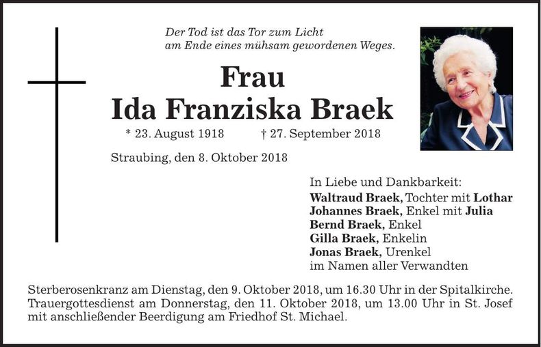 Traueranzeige Ida Franziska Braek