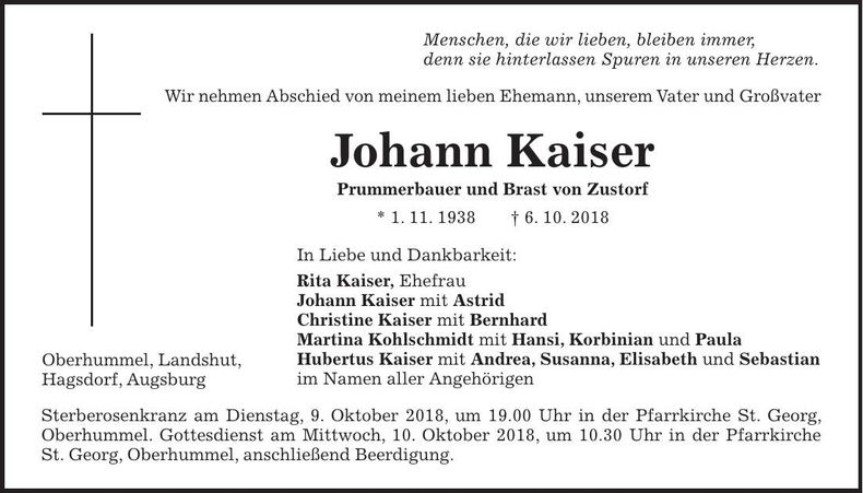 Traueranzeige Johann Kaiser