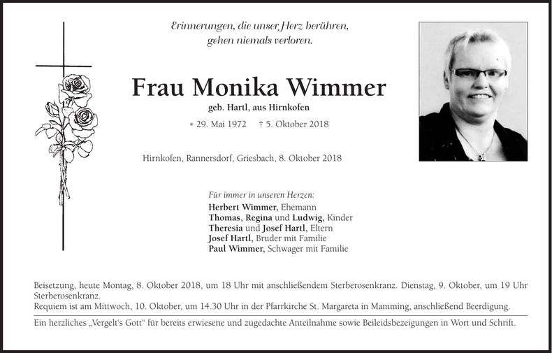 Traueranzeige Monika Wimmer