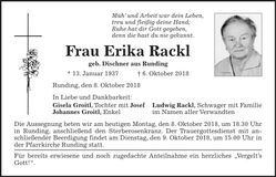 Traueranzeige Erika Rackl
