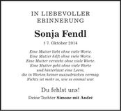 Traueranzeige Sonja Fendl