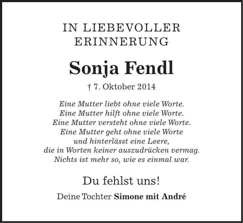 Traueranzeige Sonja Fendl