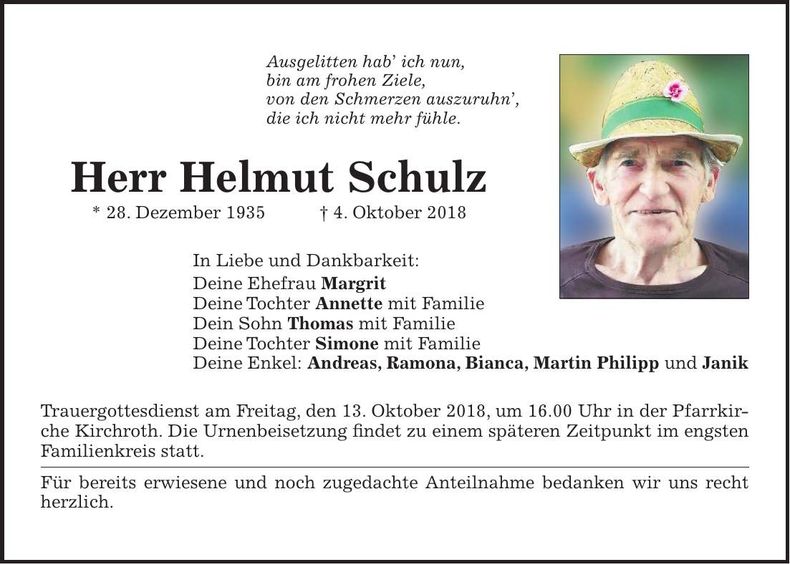 Traueranzeige Helmut Schulz