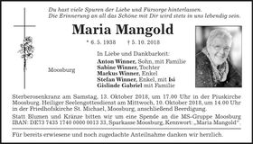 Traueranzeige Maria Mangold