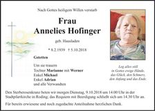 Traueranzeige Annelies Hofinger