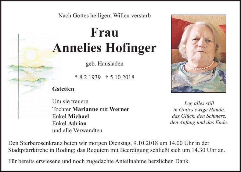 Traueranzeige Annelies Hofinger