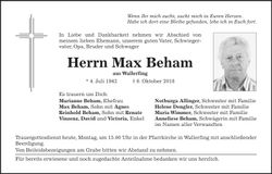 Traueranzeige Max Beham
