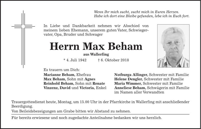 Traueranzeige Max Beham