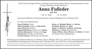 Traueranzeige Anna Fußeder