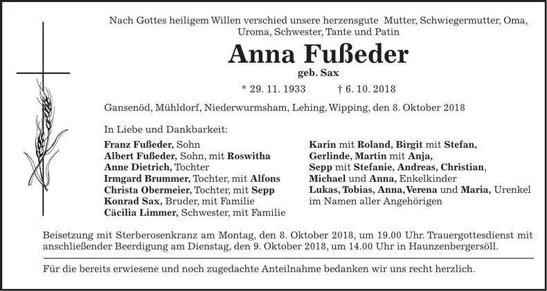 Traueranzeige Anna Fußeder