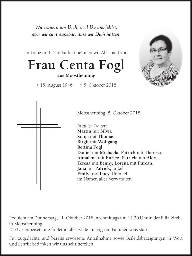 Traueranzeige Centa Fogl