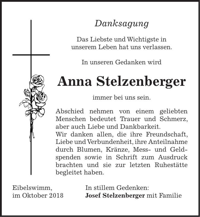 Traueranzeige Anna Stelzenberger
