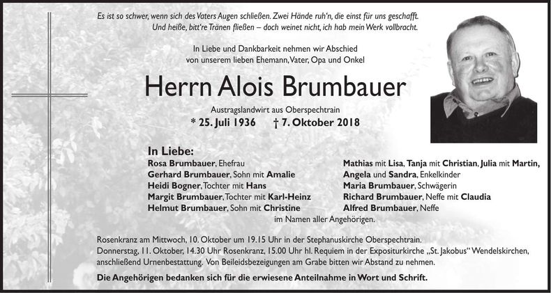 Traueranzeige Alois Brumbauer