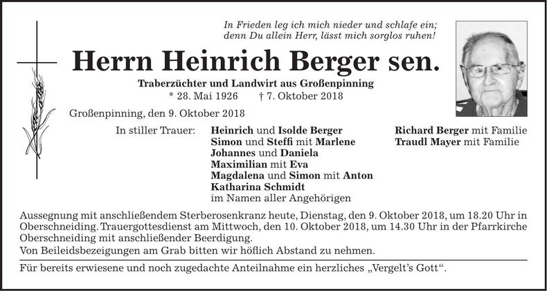 Traueranzeige Heinrich Berger