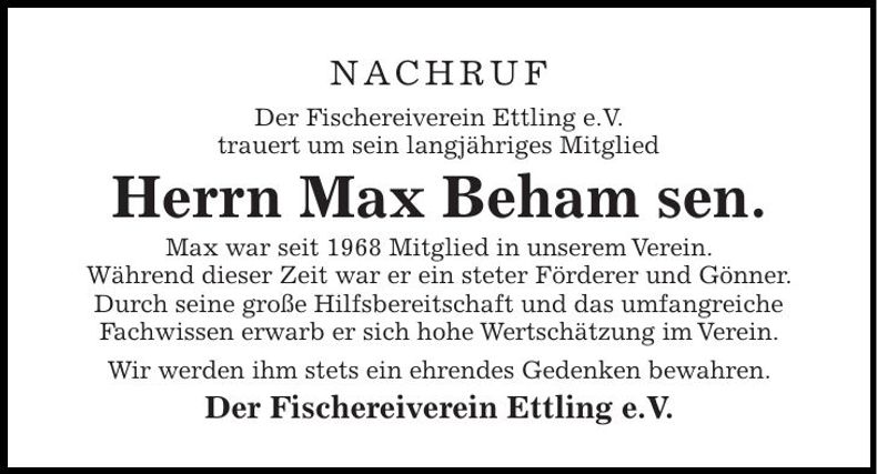 Traueranzeige Max Beham sen.