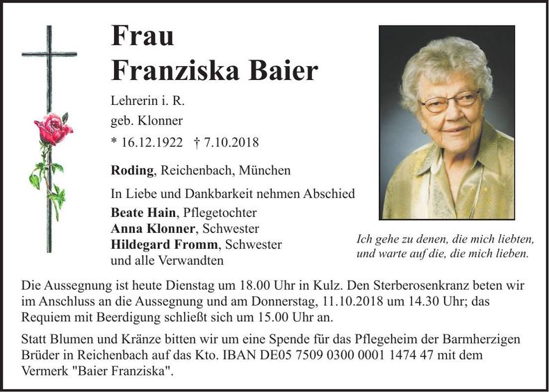 Traueranzeige Franziska Baier