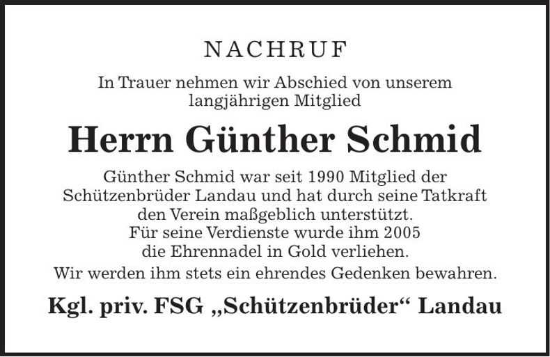 Traueranzeige Günther Schmid