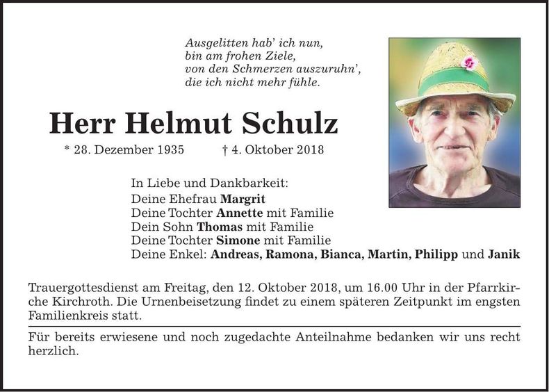 Traueranzeige Helmut Schulz