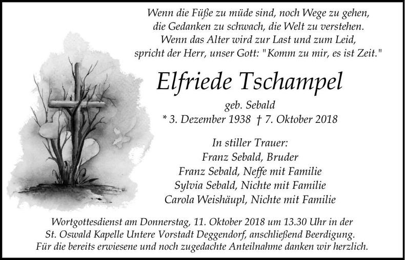 Traueranzeige Elfriede Tschampel