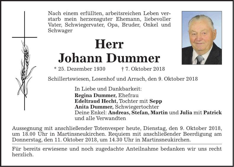 Traueranzeige Johann Dummer
