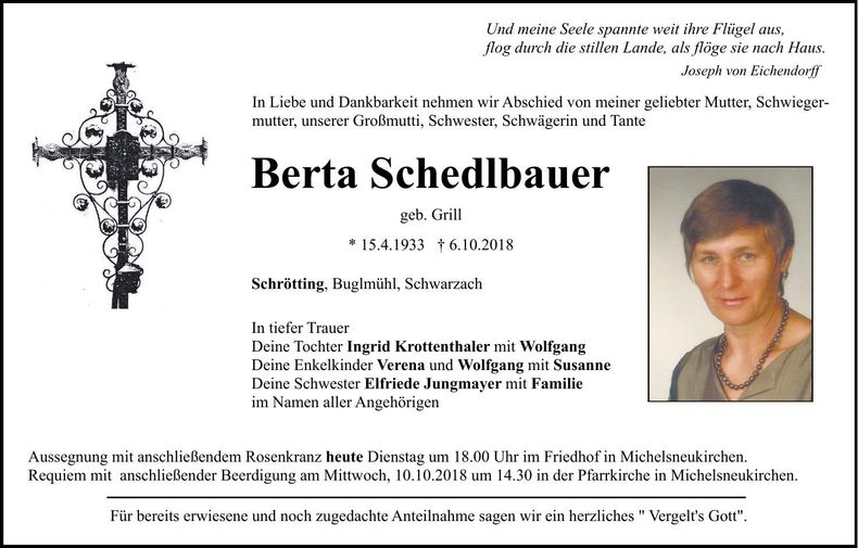 Traueranzeige Berta Schedlbauer