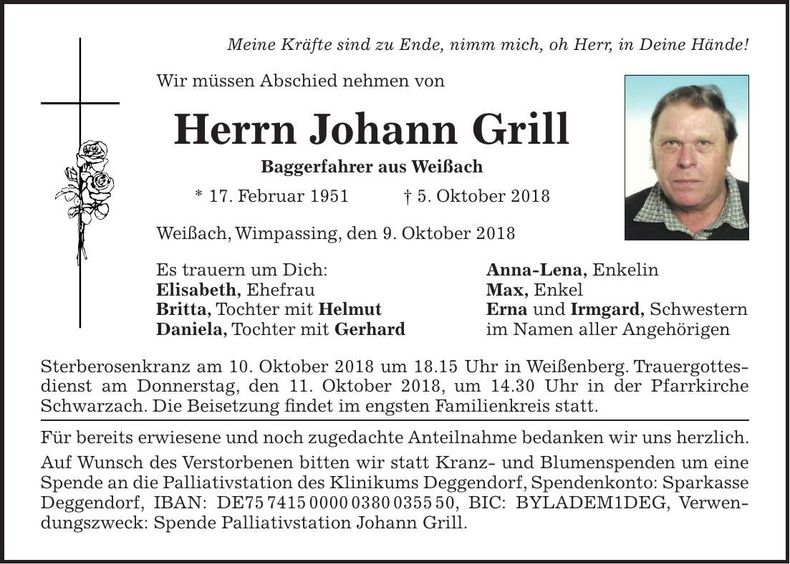 Traueranzeige Johann Grill