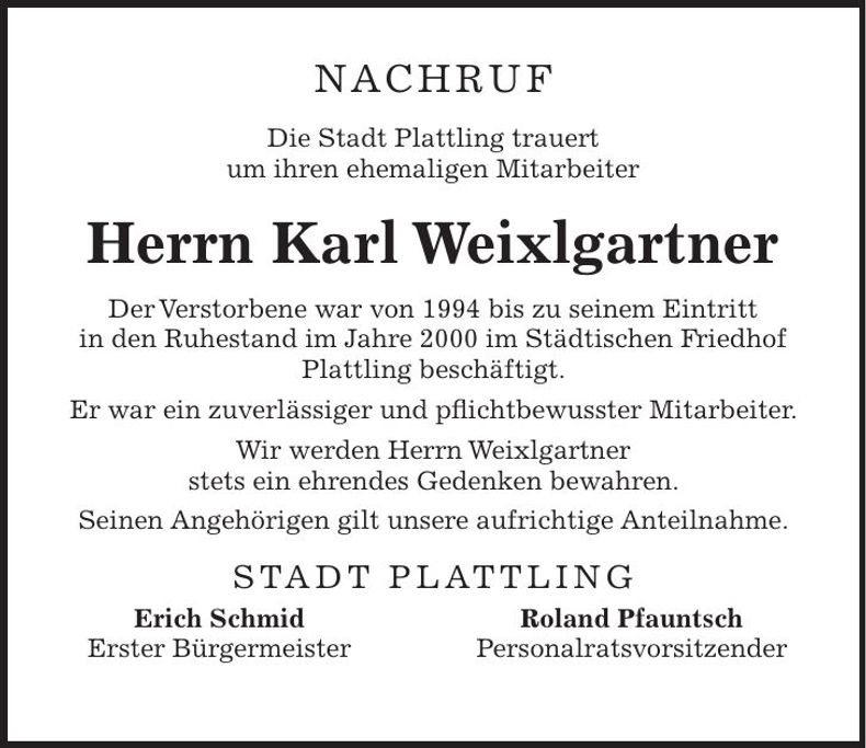 Traueranzeige Karl Weixlgartner