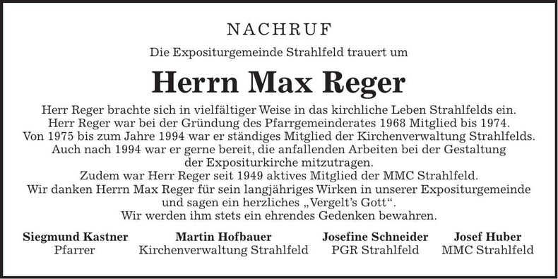 Traueranzeige Max Reger