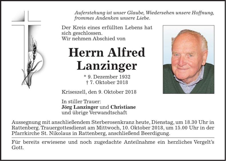 Traueranzeige Alfred Lanzinger