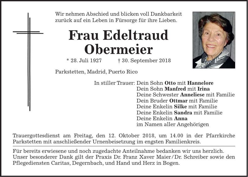 Traueranzeige Edeltraud Obermeier