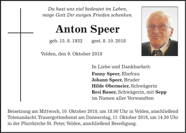 Traueranzeige Anton Speer