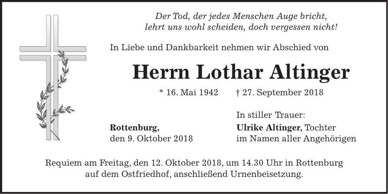 Traueranzeige Lothar Altinger