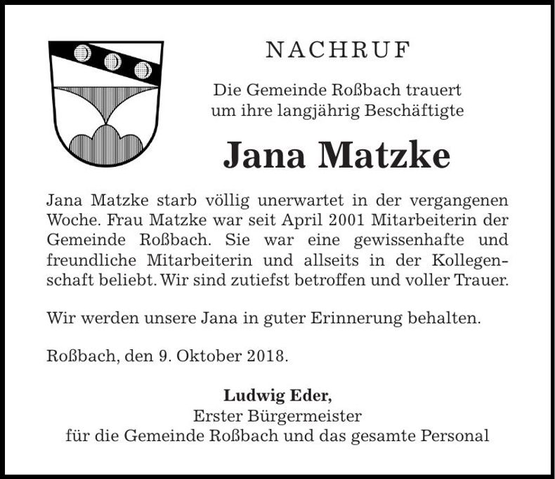 Traueranzeige Jana Matzke