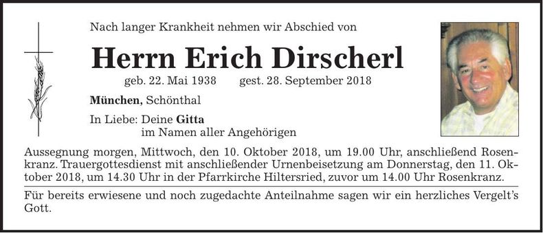 Traueranzeige Erich Dirscherl