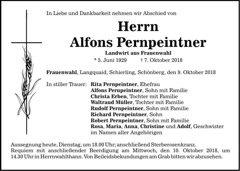 Traueranzeige Alfons Pernpeintner