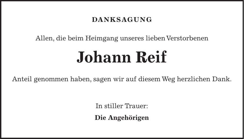 Traueranzeige Johann Reif