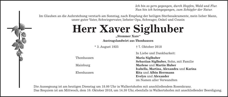 Traueranzeige Xaver Siglhuber