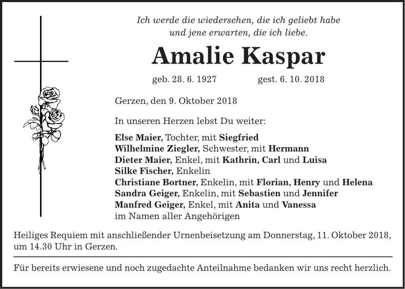 Traueranzeige Amalie Kaspar