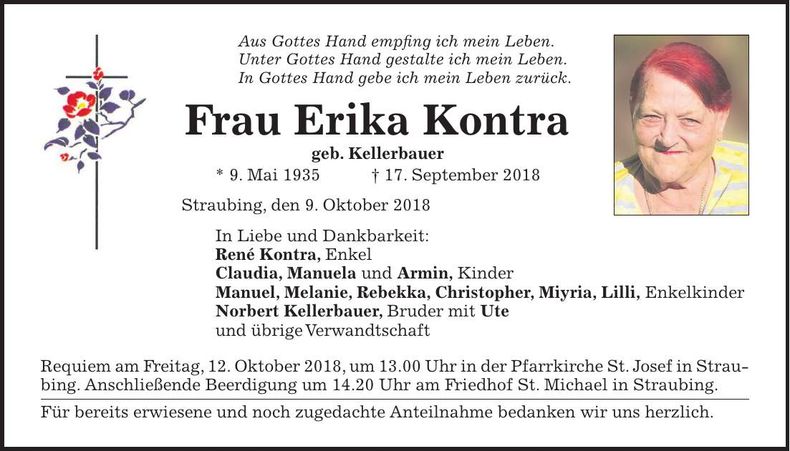 Traueranzeige Erika Kontra