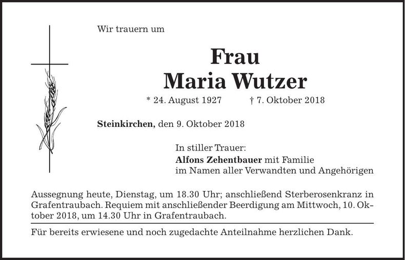 Traueranzeige Maria Wutzer