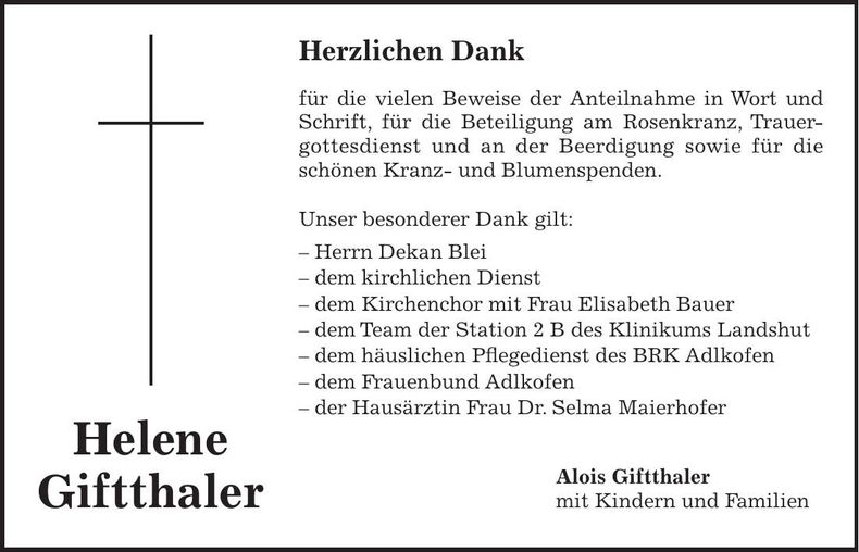 Traueranzeige Helene Giftthaler
